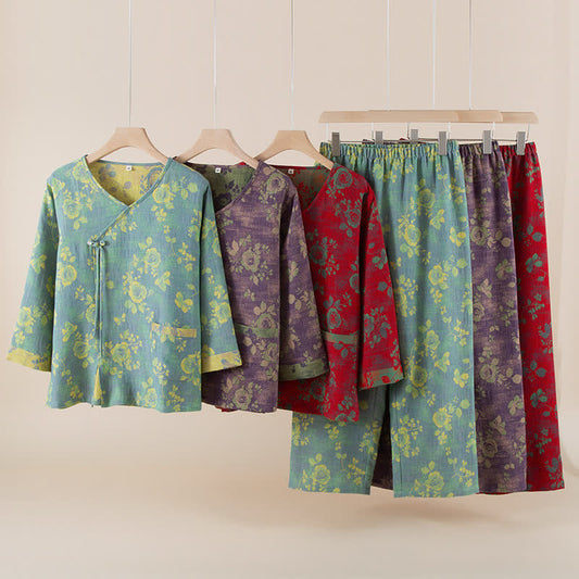 Ensemble de nuit en gaze de coton à motif jacquard et motif rose