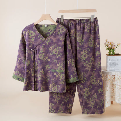 Ensemble de nuit en gaze de coton à motif jacquard et motif rose