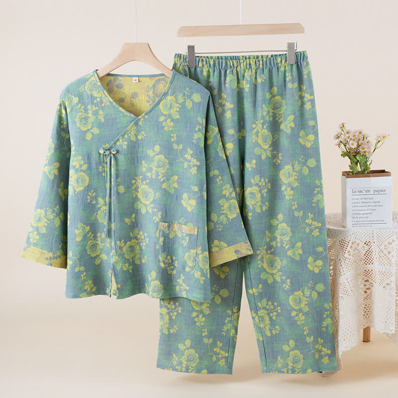 Ensemble de nuit en gaze de coton à motif jacquard et motif rose