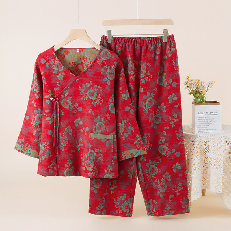Ensemble de nuit en gaze de coton à motif jacquard et motif rose
