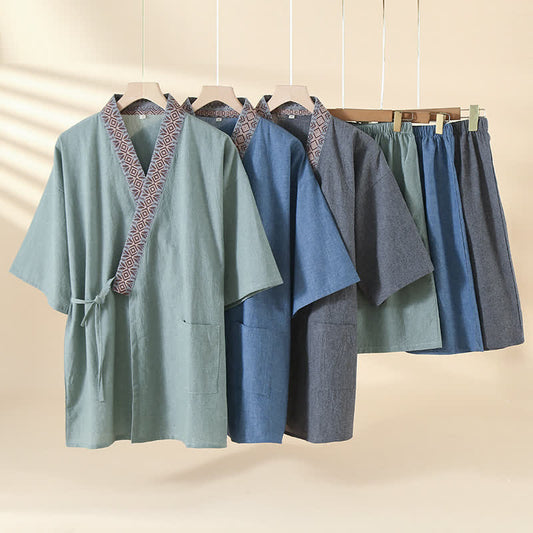 Pyjama kimono uni à col géométrique