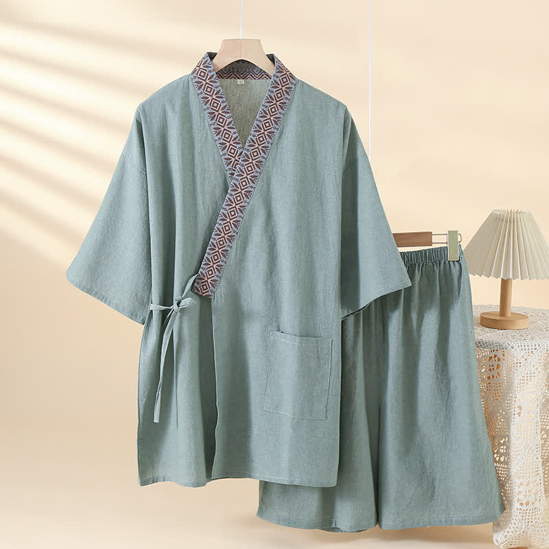 Pyjama kimono uni à col géométrique