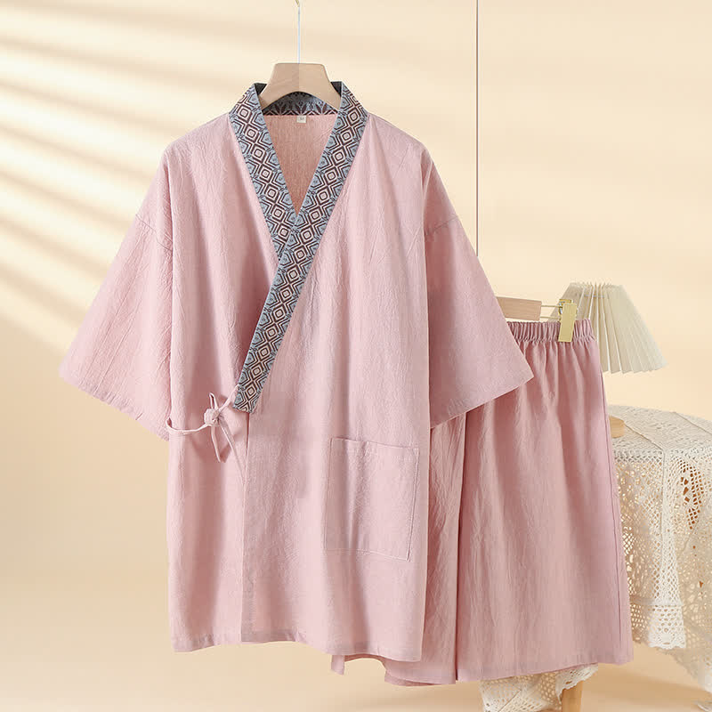 Pyjama kimono uni à col géométrique