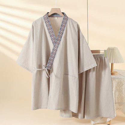 Pyjama kimono uni à col géométrique