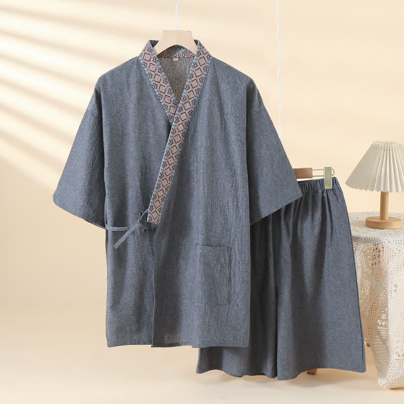 Pyjama kimono uni à col géométrique