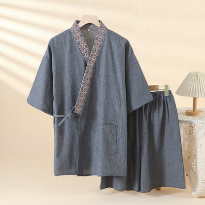 Pyjama kimono uni à col géométrique