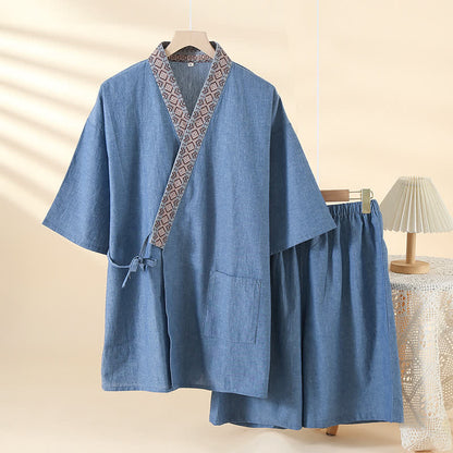 Pyjama kimono uni à col géométrique