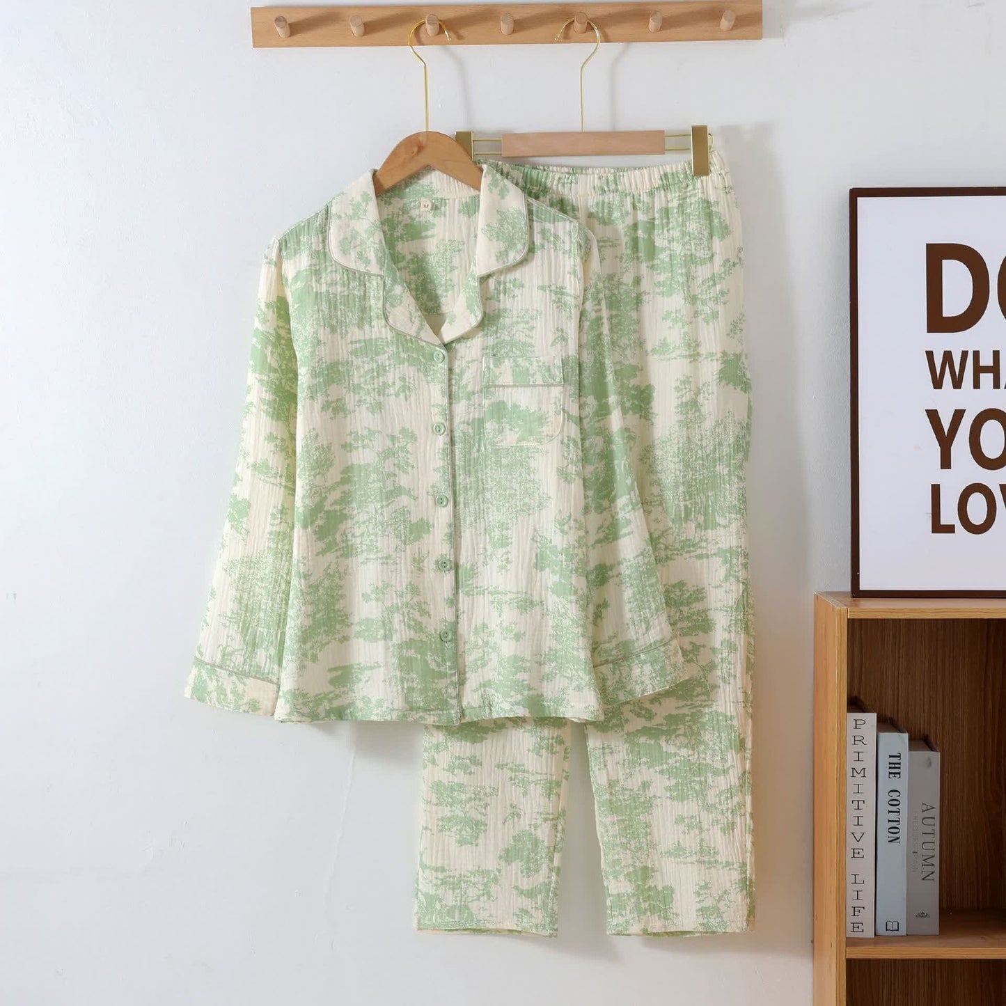 Ensemble de vêtements d'intérieur en gaze de coton avec un motif toile pittoresque - Vert - XXL - image 11