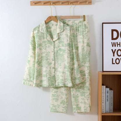 Ensemble de vêtements d'intérieur en gaze de coton avec un motif toile pittoresque - Vert - XXL - image 11