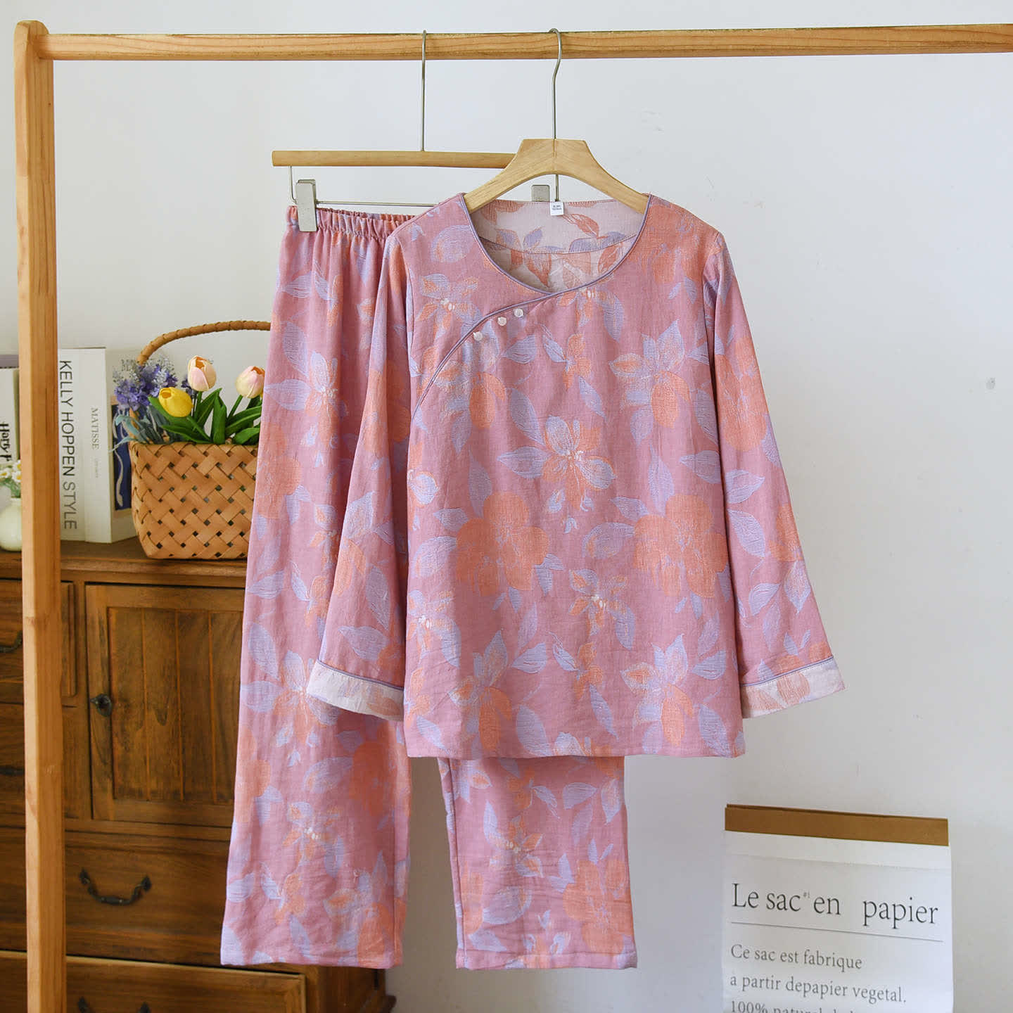 Ensemble de nuit oriental en coton jacquard à imprimé hostas