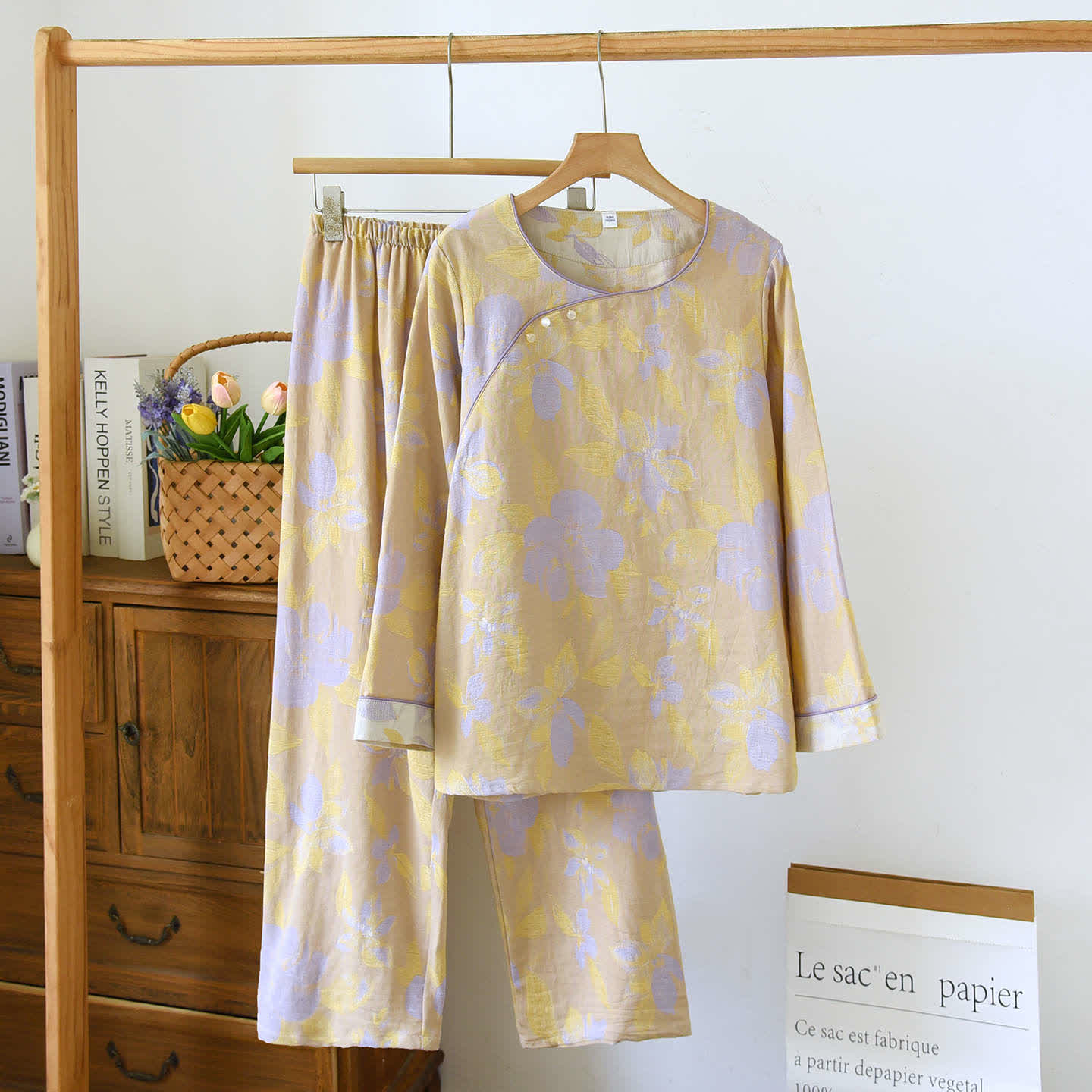 Ensemble de nuit oriental en coton jacquard à imprimé hostas