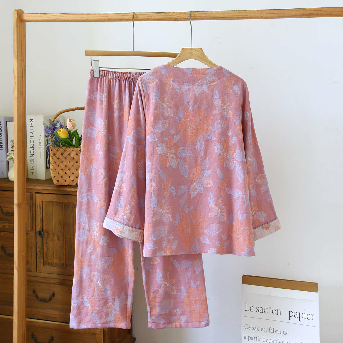Ensemble de nuit oriental en coton jacquard à imprimé hostas