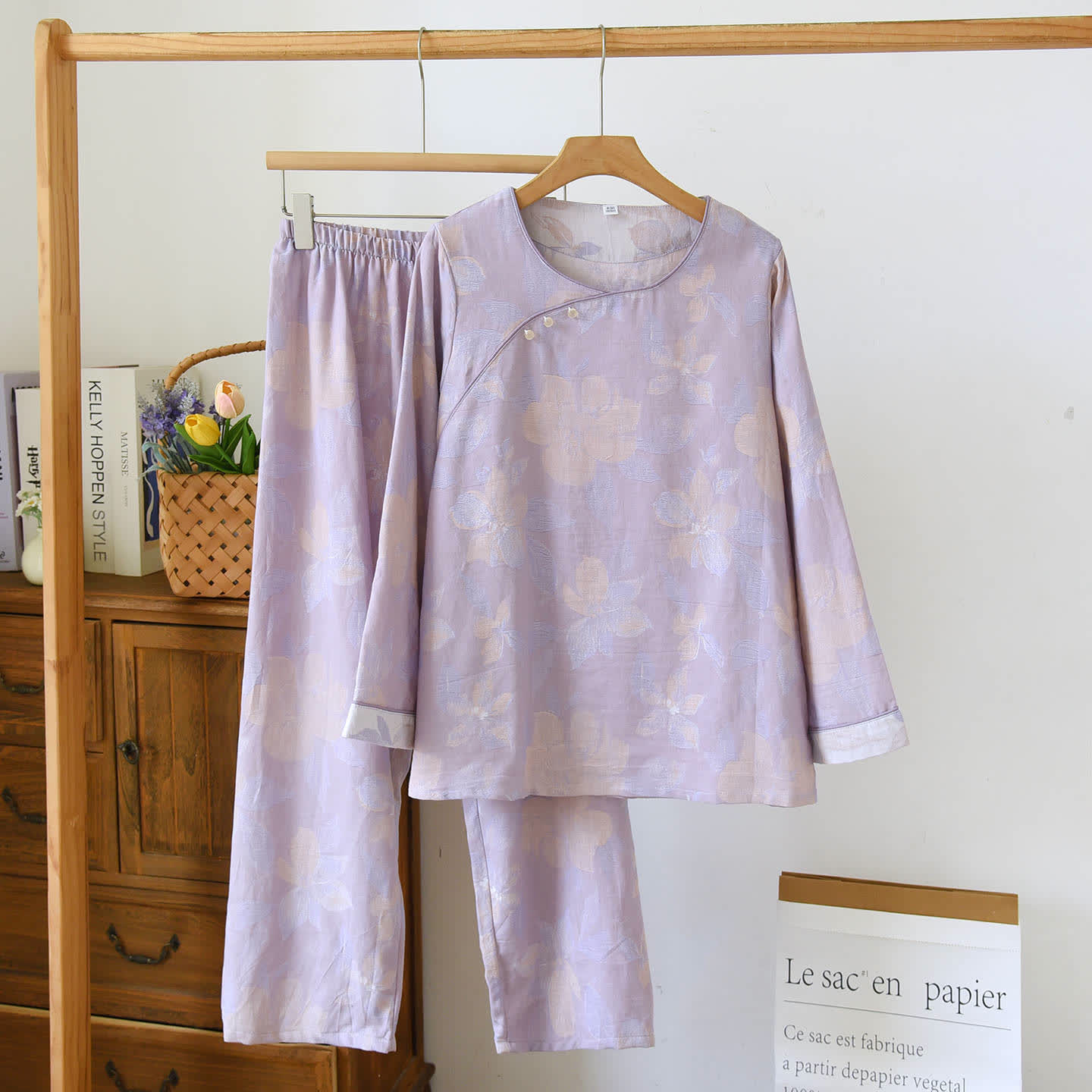 Ensemble de nuit oriental en coton jacquard à imprimé hostas