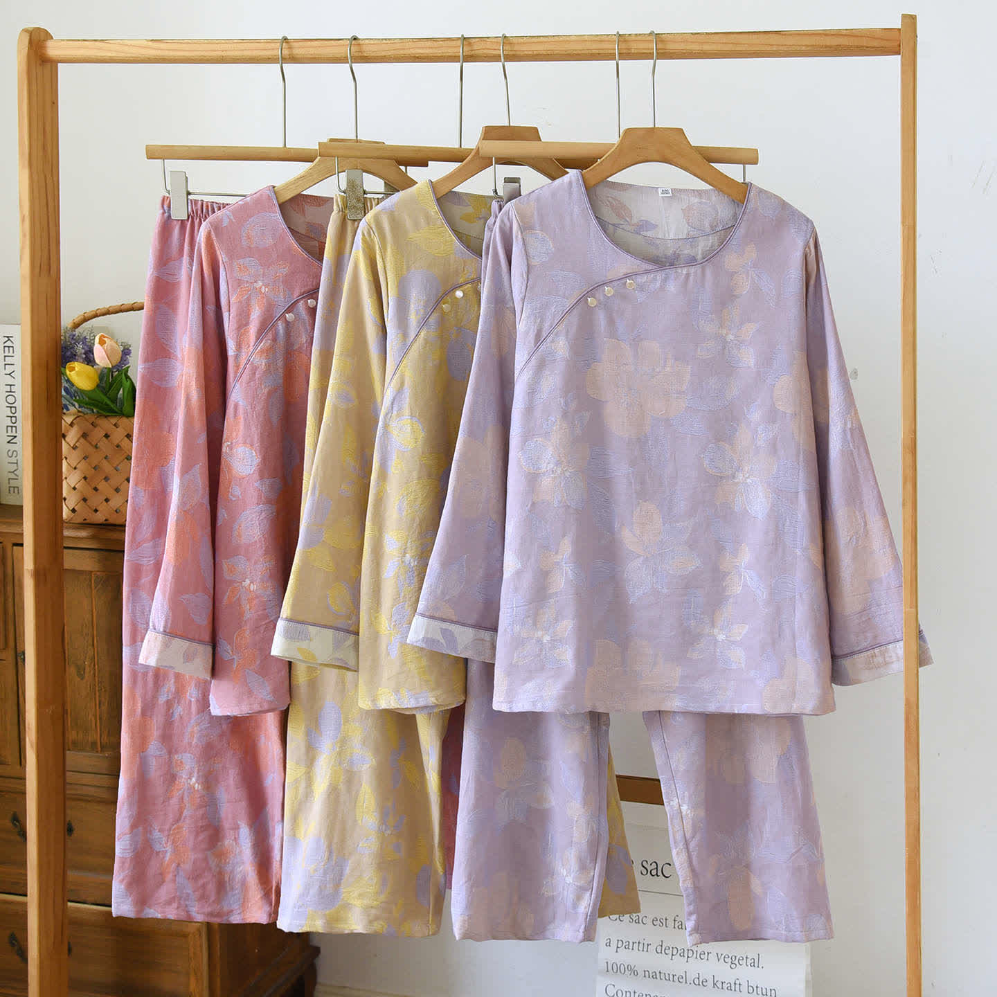 Ensemble de nuit oriental en coton jacquard à imprimé hostas