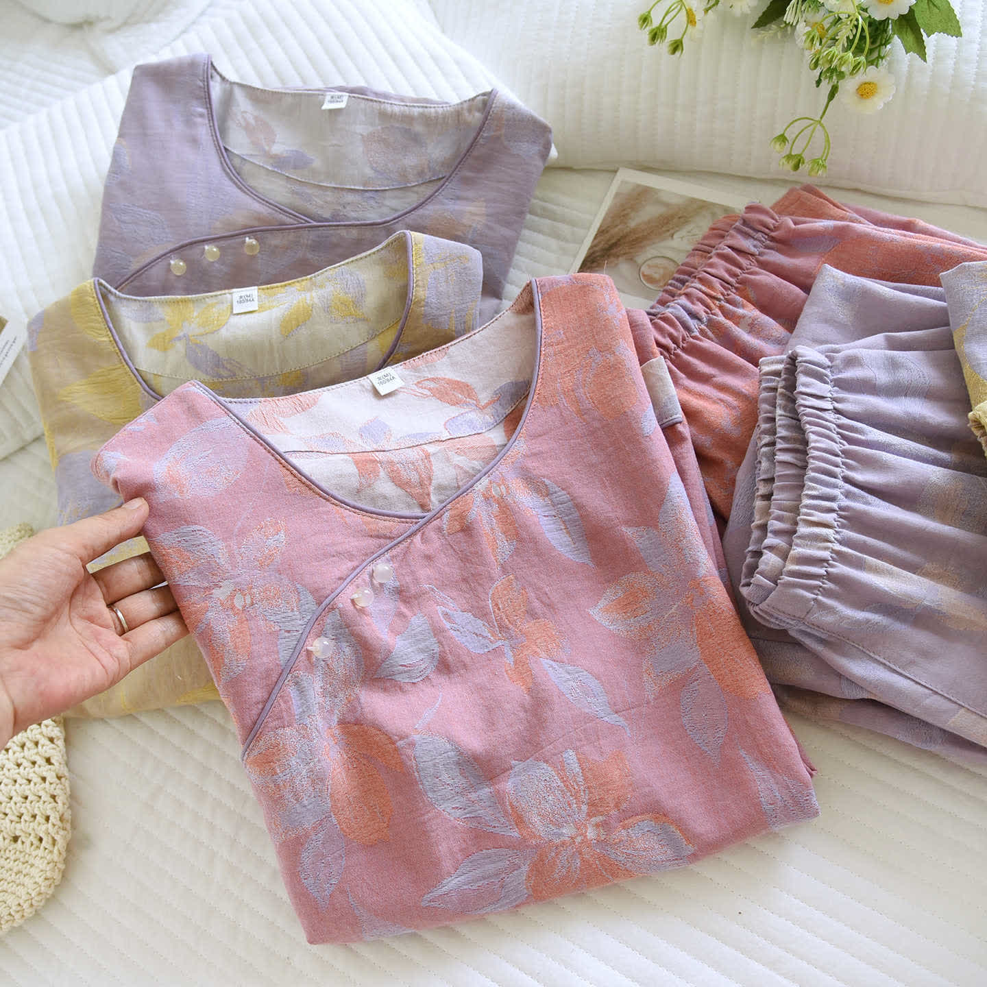 Ensemble de nuit oriental en coton jacquard à imprimé hostas