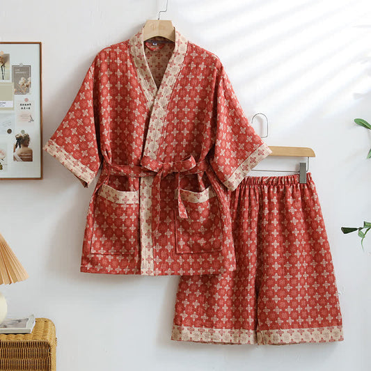 Kimono en coton géométrique rouge unisexe