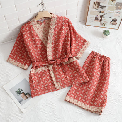 Kimono en coton géométrique rouge unisexe