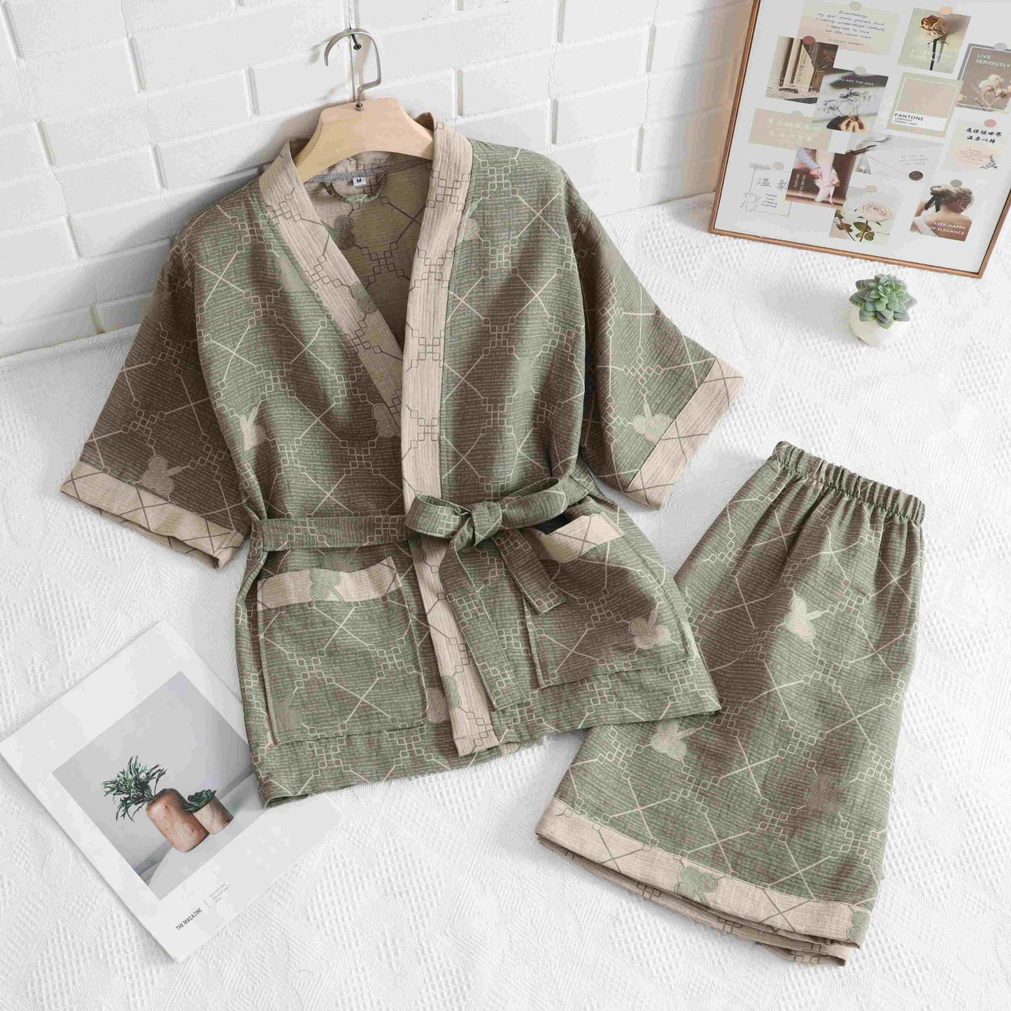 Vêtements de détente unisexes en coton à motif quadrillé vert