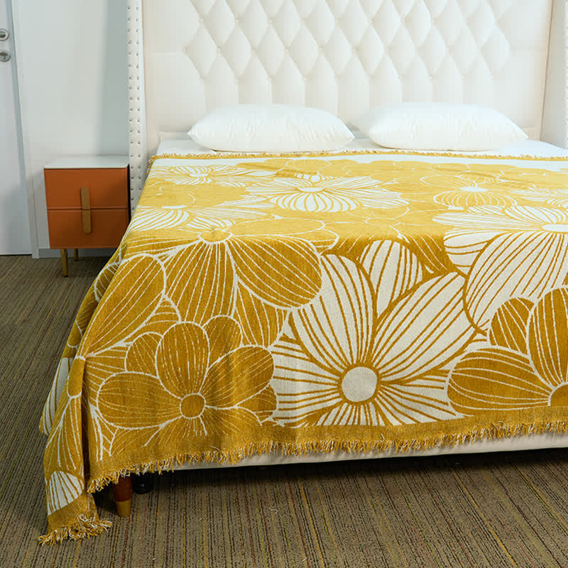 Couverture en chenille jacquard Daisy avec pompons