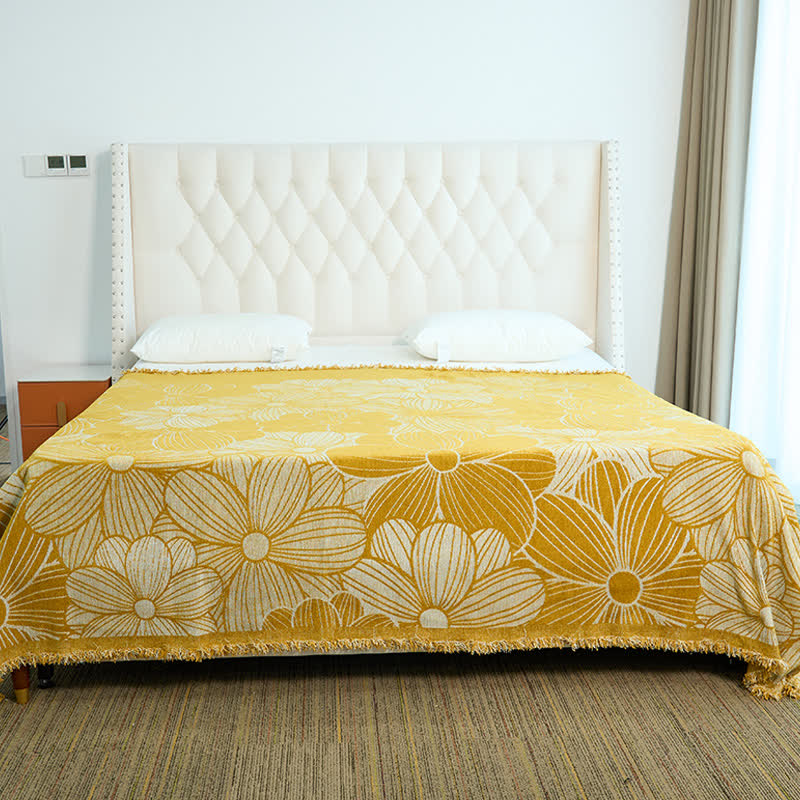 Couverture en chenille jacquard Daisy avec pompons