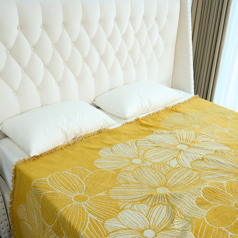 Couverture en chenille jacquard Daisy avec pompons