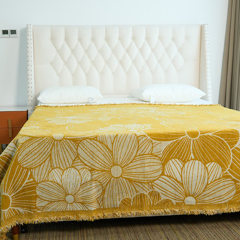 Couverture en chenille jacquard Daisy avec pompons