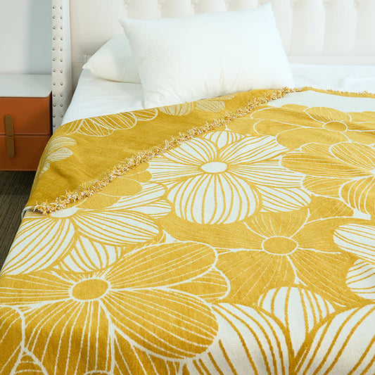 Couverture en chenille jacquard Daisy avec pompons