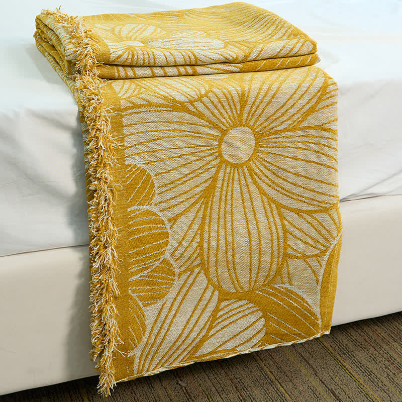 Couverture en chenille jacquard Daisy avec pompons