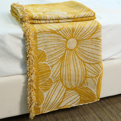 Couverture en chenille jacquard Daisy avec pompons