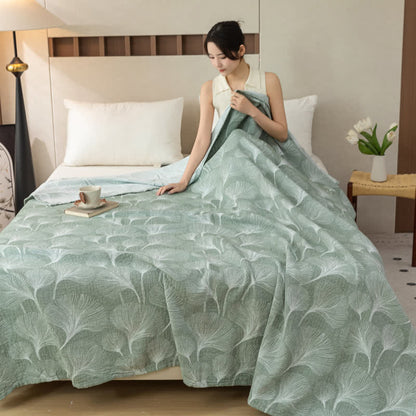 Couette artistique en gaze de coton verte à motif ginkgo