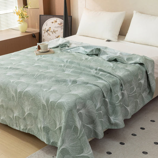 Couette artistique en gaze de coton verte à motif ginkgo