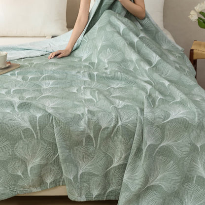 Couette artistique en gaze de coton verte à motif ginkgo