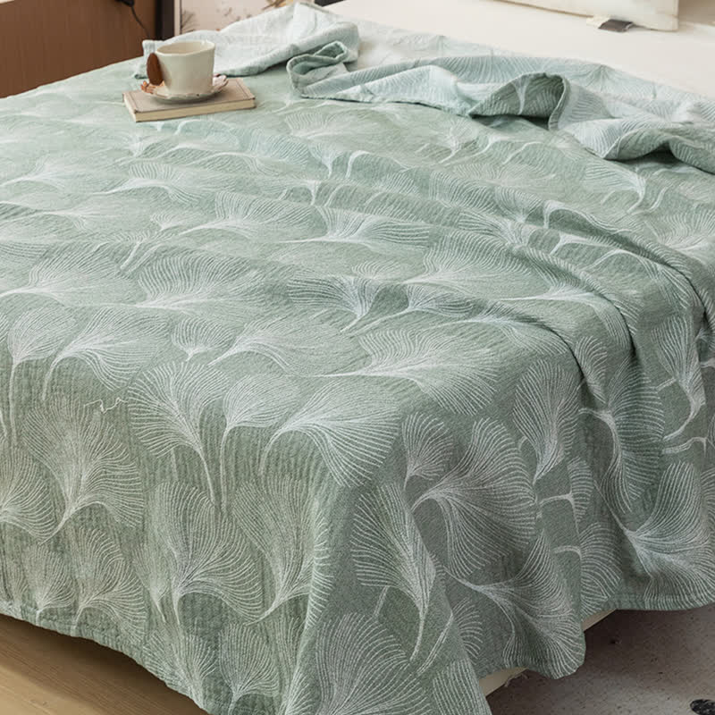 Couette artistique en gaze de coton verte à motif ginkgo
