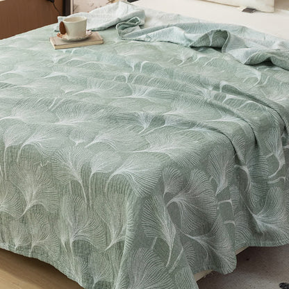 Couette artistique en gaze de coton verte à motif ginkgo