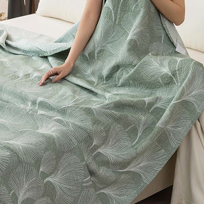 Couette artistique en gaze de coton verte à motif ginkgo