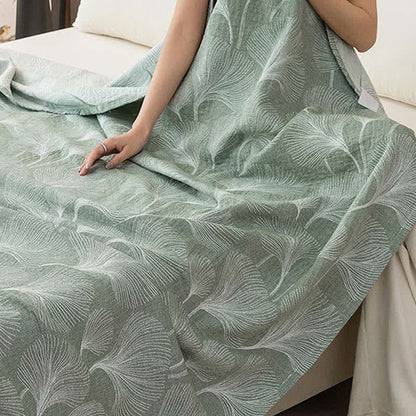 Couette artistique en gaze de coton verte à motif ginkgo