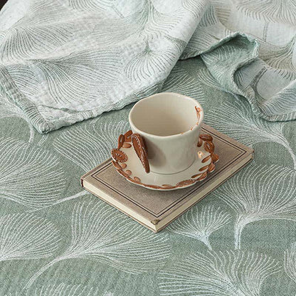 Couette artistique en gaze de coton verte à motif ginkgo