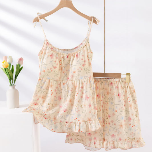 Ensemble pyjama en coton fleuri avec short caraco