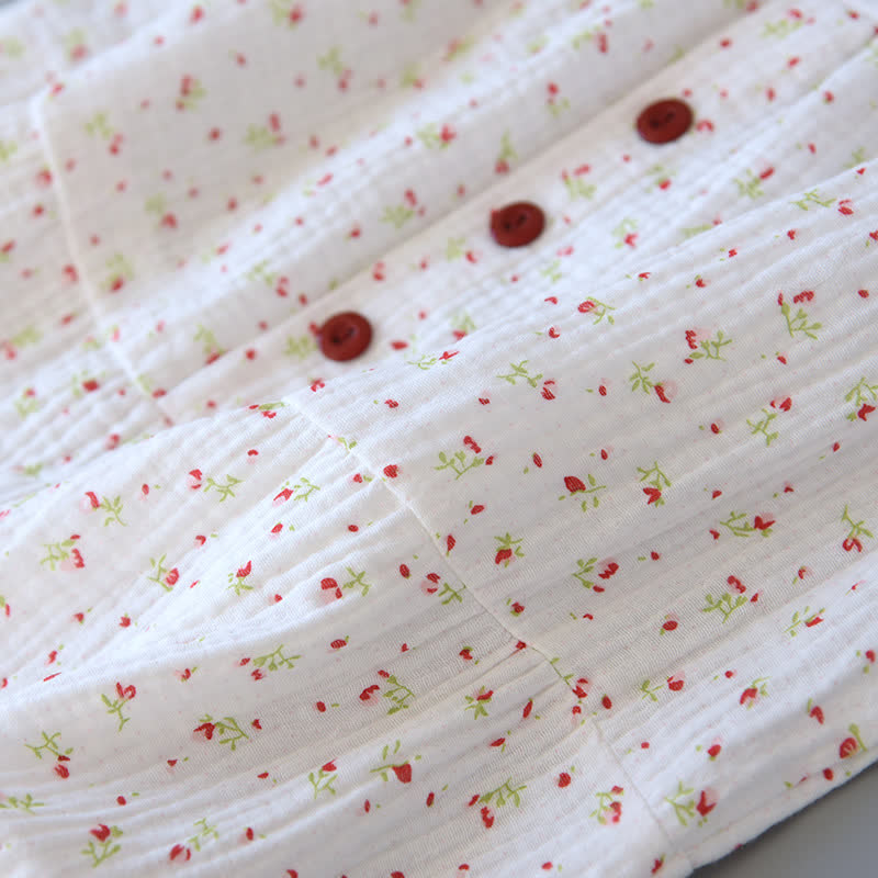 Chemise de nuit caraco en gaze de coton rouge à motif floral