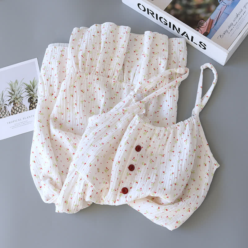 Chemise de nuit caraco en gaze de coton rouge à motif floral