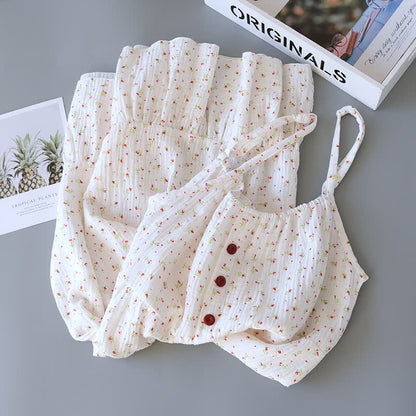 Chemise de nuit caraco en gaze de coton rouge à motif floral