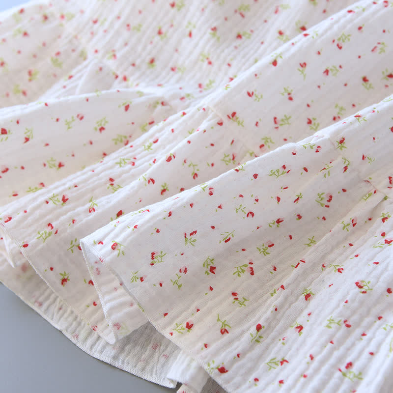 Chemise de nuit caraco en gaze de coton rouge à motif floral