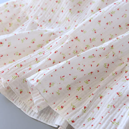 Chemise de nuit caraco en gaze de coton rouge à motif floral