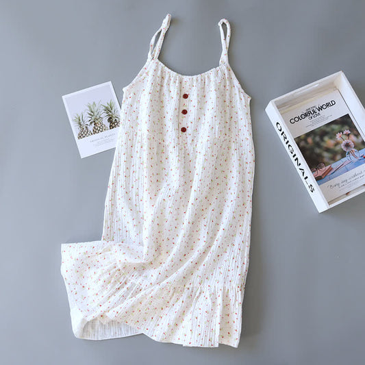 Chemise de nuit caraco en gaze de coton rouge à motif floral