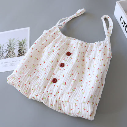Chemise de nuit caraco en gaze de coton rouge à motif floral