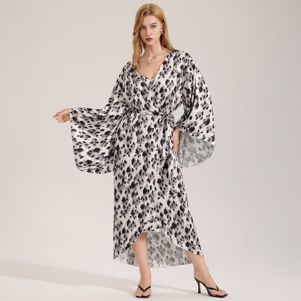 Peignoir kimono noir à imprimé léopard
