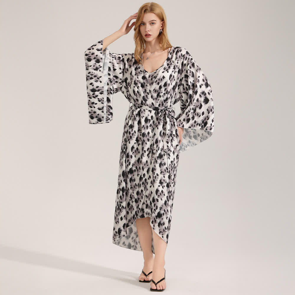 Peignoir kimono noir à imprimé léopard