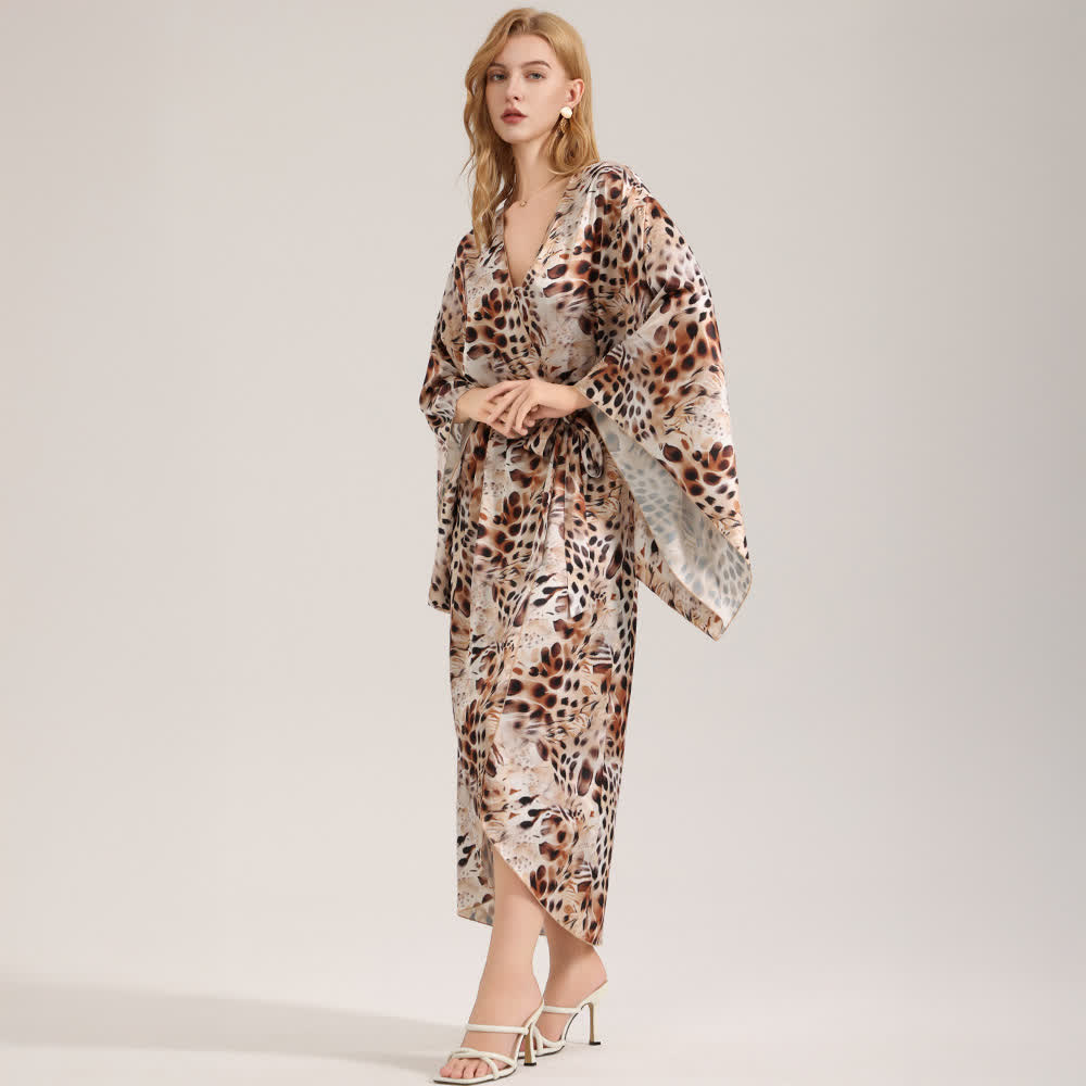 Peignoir kimono artistique marron à imprimé léopard