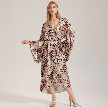 Peignoir kimono artistique marron à imprimé léopard