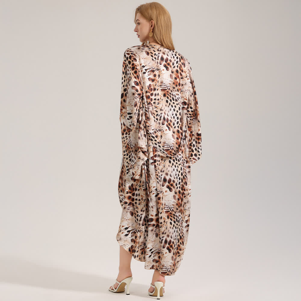 Peignoir kimono artistique marron à imprimé léopard